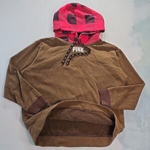 PINK Victoria's Secret Buffalo Plaid Sherpa Hoodie Women L Bleach Brown Pullover